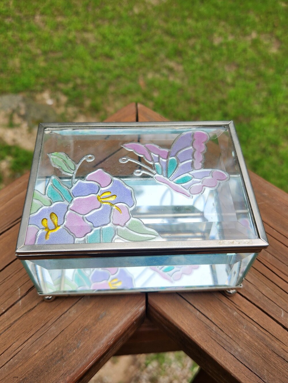 Decorative Glass Jewelry/Trinket Box with Butterfly and Floral Design